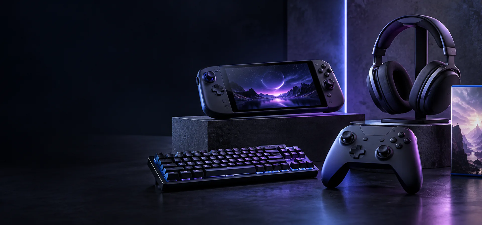 Gaming handheld, headset, keyboard, controller, and games