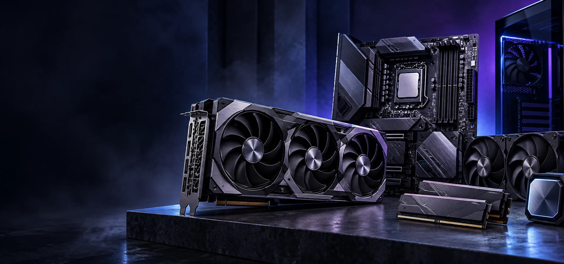 Gaming PC components arranged in a hardware studio