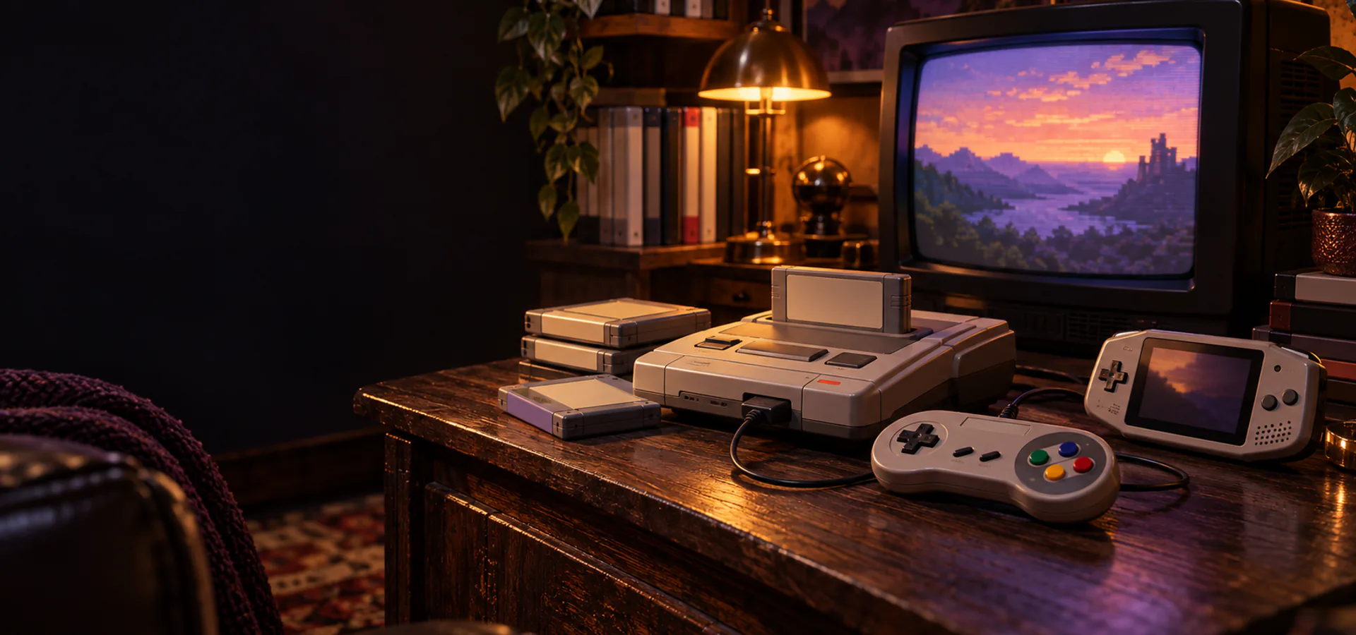 Retro consoles and games in a game room